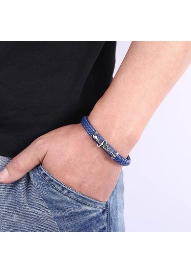 Punk Paslanmaz Çelik Örgülü Erkek Deri Bileklik Erkek Deri İp Eklemli Titanyum Çelik Bileklik Siyah