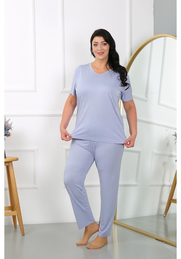 Akbeniz Kadın Büyük Beden Kısa Kol Penye Pijama Takımı Lila 202405-lila Lila