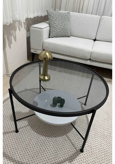 Nordic Orta Sehpa Temperli Cam 75 Cm Demonte Çizilmez Kırılmaz Metal Çerçeve Raflı Minimalist Sehpa - Beyaz Beyaz