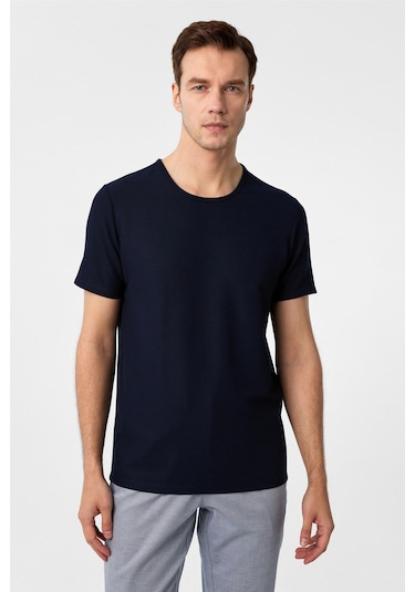 SÜVARİ Lacivert Slim Fit Armürlü Bisiklet Yaka Tişört-37261 Lacivert