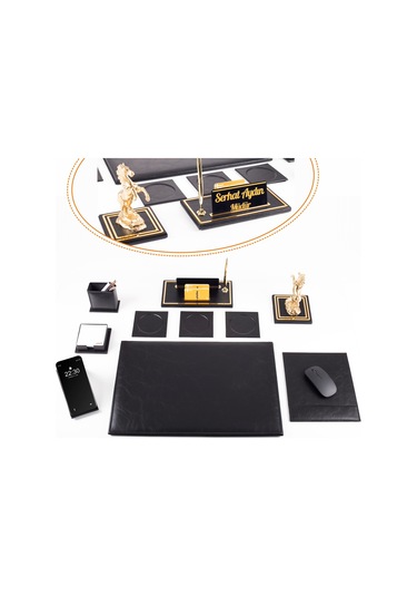 Opta 10 Parça Şahlanan At Biblolu Siyah Deri Sümen Seti Takımı Gold Kalem Ofis Masa İsimliği Lüks İsimlik