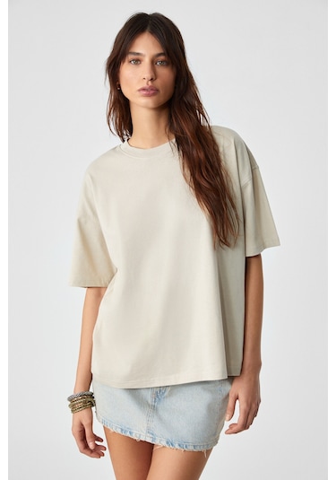 LAGERTHA  Kadın %100 organik Pamuklu Kalın Dokulu Oversize Fit Yuvarlak Yakalı Taş Rengi T-Shirt