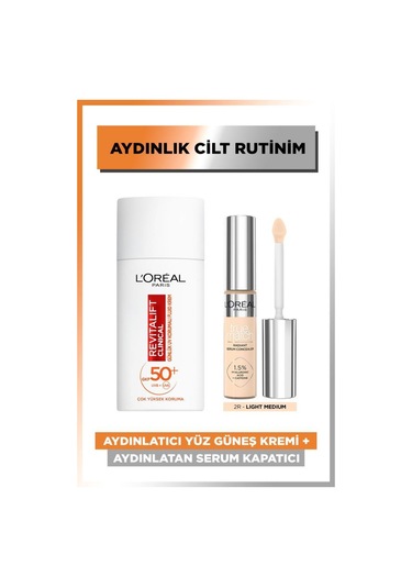 L'Oréal Paris Aydınlatıcı Yüz Güneş Kremi SPF50+ 50 ML + Aydınlatan Serum Kapatıcı 2R Light Medium 11 ML