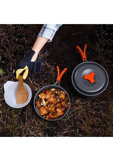 Hewolf Hw-K1342 Taşınabilir Kaymaz Saplı Tava Sıcaklığa Dayanıklı Kamp Tencere Seti 1-2 Kişi Için Çok Renkli