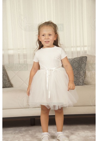 Tüllü Baskısız Düz Üst Kısım Ribana Alt Kısım Astarlı Tütü Etek Kız Çocuk Prenses Kısa Kollu Elbise Beyaz