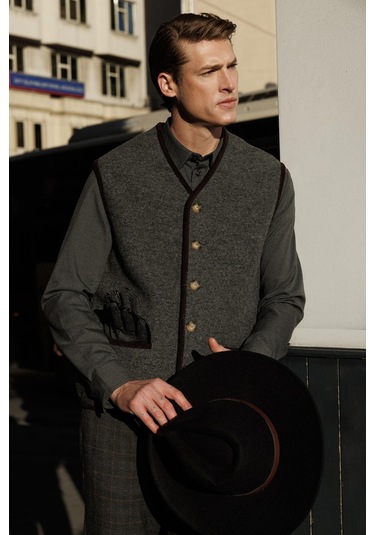 Erkek V Yaka Astarlı Saf Yün Keçe Yelek K.füme K.füme