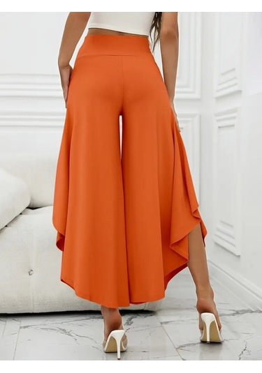 Kadın Yüksek Belli Geniş Paçalı Yanlardan Açık Sandy Pantolon Turuncu