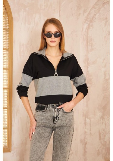 Kadın Uzun Kol Fermuarlı Polo Yaka Color Block Basic Salaş Sweatshirt Bluz 3471210 Siyah - Gri
