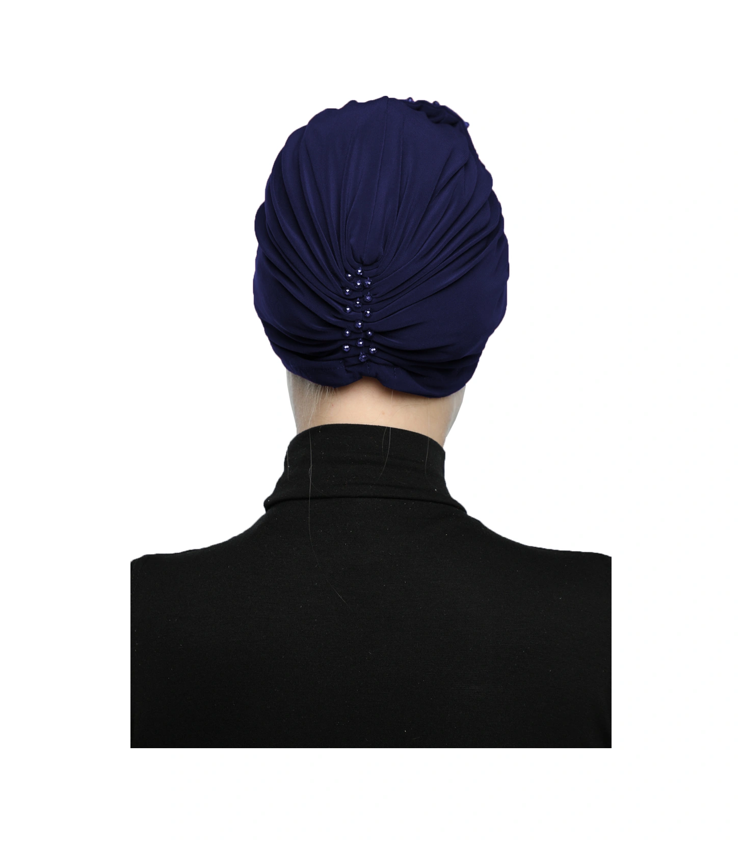 Kristal Yelpaze Taş Işlemeli Çift Taraflı Astarlı Lacivert Hazır Türban Tesettür Abiye Bone Lacivert