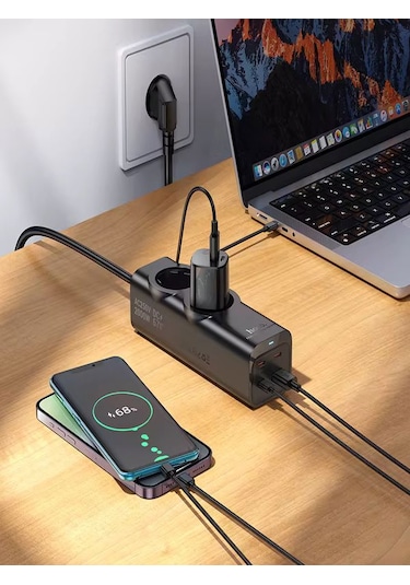 67w Gan Hızlı Şarjlı Kablolu Priz 3x Type-c + 1x Usb + 2'li Priz 1.5m Uzatma Kablosu Siyah 1,5 m
