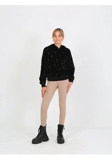 Kız Çocuk Peluş Taşlı Kapüşonlu Sweatshirt-14826 Siyah