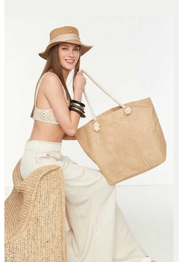 Hasır Plaj Çantası - Jüt Kumaş Plaj Çantası Açık Kahverengi