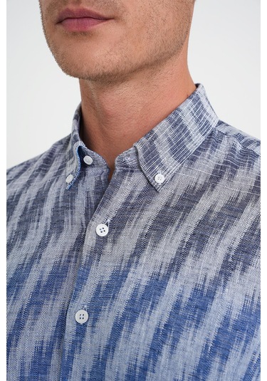 Comfort Fit Pano Desen Düğme Yaka %100 Keten Mavi Gömlek G 1594 Mavi