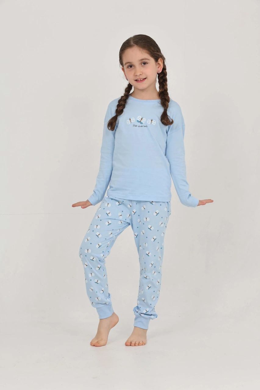Toontoy Kız Çocuk Kelebek Baskılı Pijama Takım Mavi