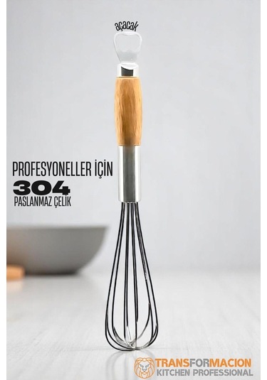 Dekorasyaa Ahşap Saplı Açacaklı Çırpıcı 304 Paslanmaz Çelik Yumurta Ve Sos Çırpıcı Çırpma Teli 31cm Çelik