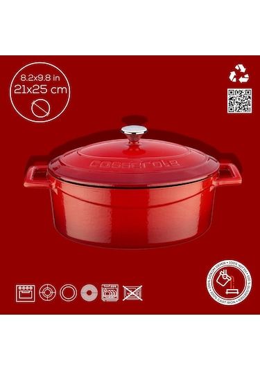 Lava Döküm Oval Tencere. Folk Serisi Ölçü 21x25cm Kırmızı