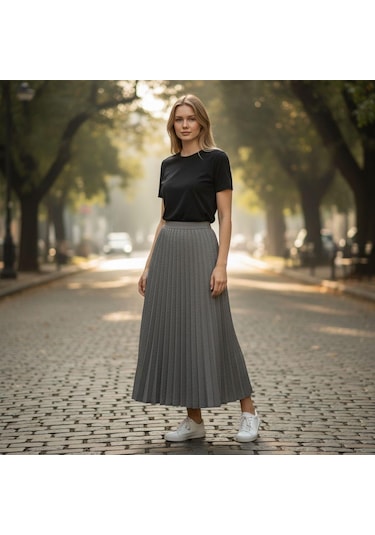 Eren Style Pileli Pamuklu Diyagona Beli Lastikli Etek 95 Cm - 38-50 Gri