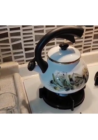 Zeytin Dekor Vintage Emaye Düdüklü Kettle Demlik 2,4 Litre Yeşil