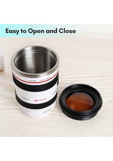 Kosona Kamera Lens Tasarım Termos Bardak, 400ml Paslanmaz Çelik, Dökülme Engeli, Fotoğraf Severler İçin, Beyaz Beyaz