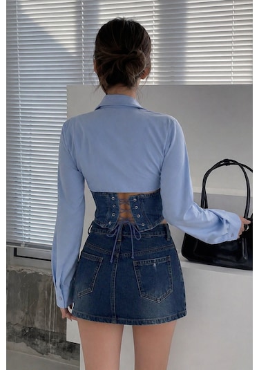 Tarz Cool Kadın Kot Korse Detaylı Özel Tasarım Slim Gömlek Mavi