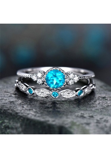 2 Pcs/set Women Fashion Zircon Gemstone Ring 9 Lake Blue Çok Renkli