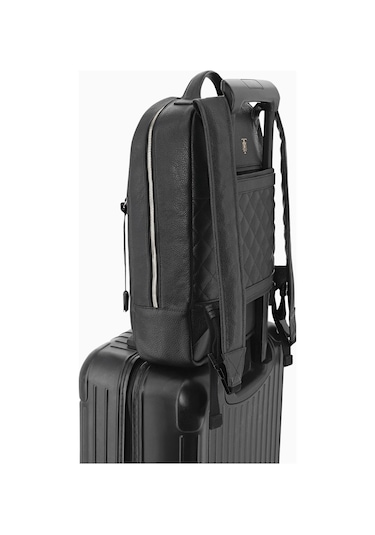 Montroi Premium Grain Leather Siyah Deri Unisex Sırt Çantası