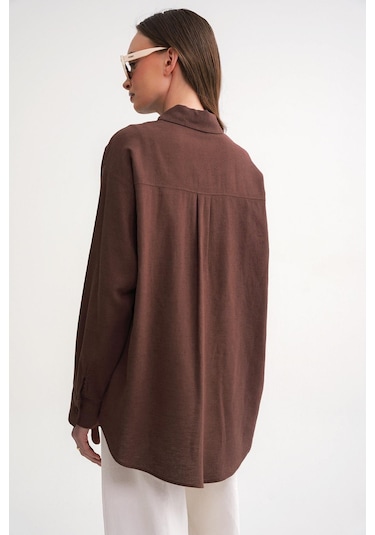 Mixray 4670 Kadın Cepli Oversize Basic Keten Gömlek Kahve