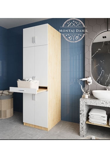 Piramit Çamaşır Ve Kurutma Makinesi Dolabı Banyo Dolabı Meşe Beyaz Beyaz - Meşe