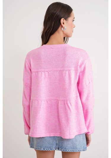 6950 Kadın Yakası Bağcıklı Pileli Triko Kazak Pembe Pembe