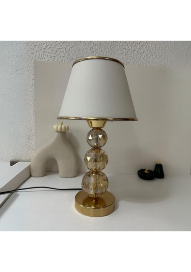 Mooncher Cam Gövdeli Gold Metal Abajur Altın Şeritli Krem Kumaş Başlık Gece Lambası Krem - Gold