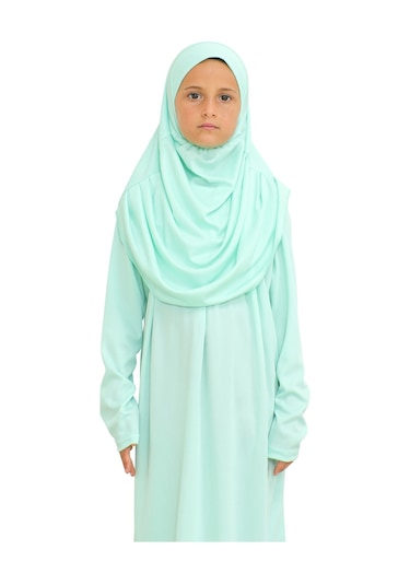 İki Parça Çocuk Elbisesi Seti Eşarp İle Takım Mint Yeşili