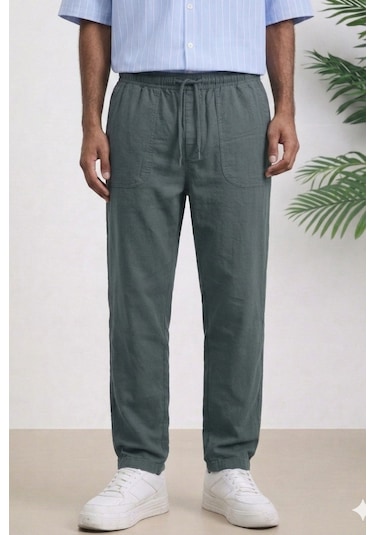Tarz Cool Erkek Yazlık Keten Karışımı Relaxed Pantolon Açık Haki