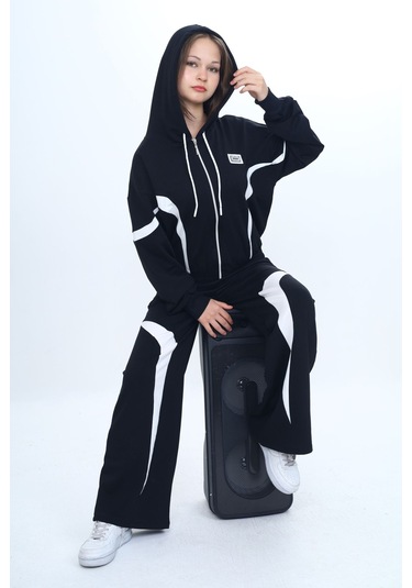 Kız Çocuk %100 Pamuk Garnili Kapüşonlu Fermuarlı Oversize Alt&üst Trend Eşofman Takımı-315-eşt-0003 Siyah