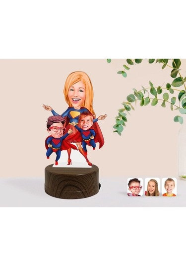 Kişiye Özel Süper Anne Ve Çocuklar Karikatürlü Dekoratif 3D Biblo
