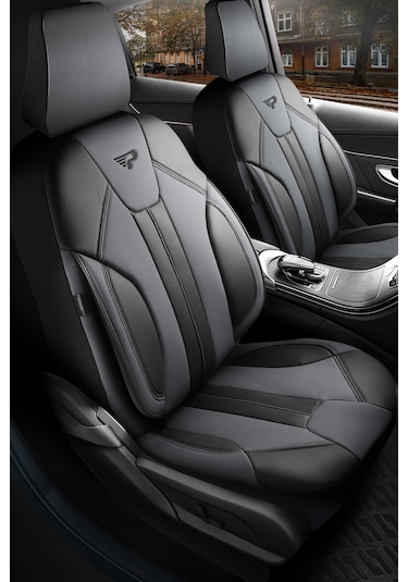 Füme - Siyah Panda Carlone Serisi Ful Deri Oto Koltuk Kılıfı - Tam Set