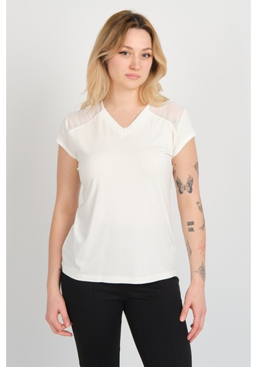 Sistas Kadın V Yaka Omuz Ve Sırt Tül Detaylı Kısa Kol Bluz 4148 Ekru Ekru