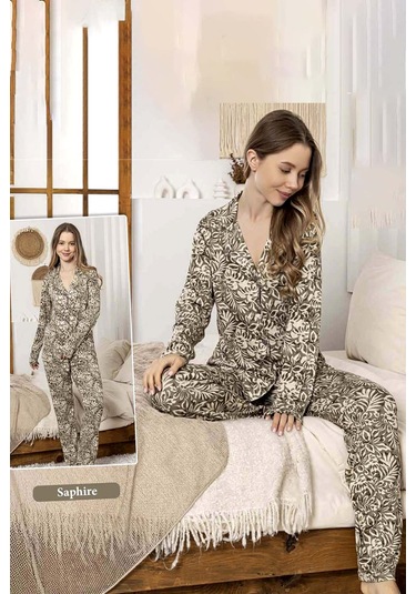 Kadın Yaprak Desen Düğmeli Saphire Pijama Takımı 0386 Yeşil Yeşil