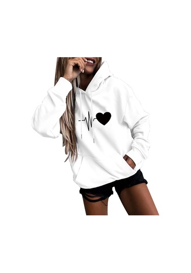 Beyaz Fo Kadın Moda Rahat Eğlenceli Baskı Kapşonlu Kazak Gevşek Spor Üstleri Kazak Beyaz