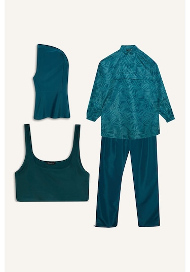 Defacto Regular Fıt Baskılı 3lü Burkini Mayo G8874ax26smgn756 Yeşil-gn756