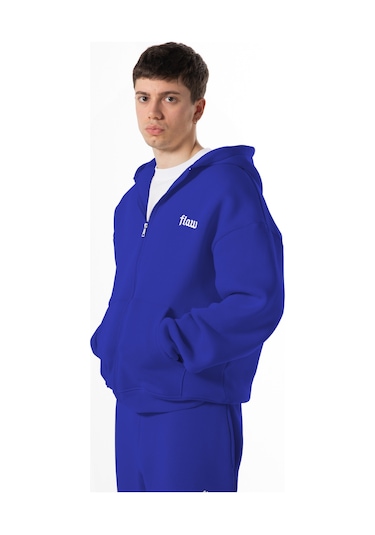 Flaw Nakışlı Zip Hoodie-28830 Saks Mavi