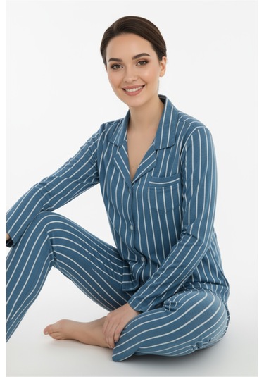 Luxury Viscose Petrol Mavi Çizgili Kadın Uzun Kollu Pijama Takımı 42552 Mavi