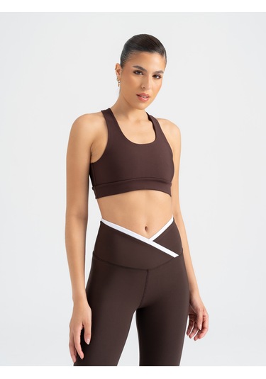 Çapraz Beli Beyaz Biye Detaylı Spor Tayt Kahverengi