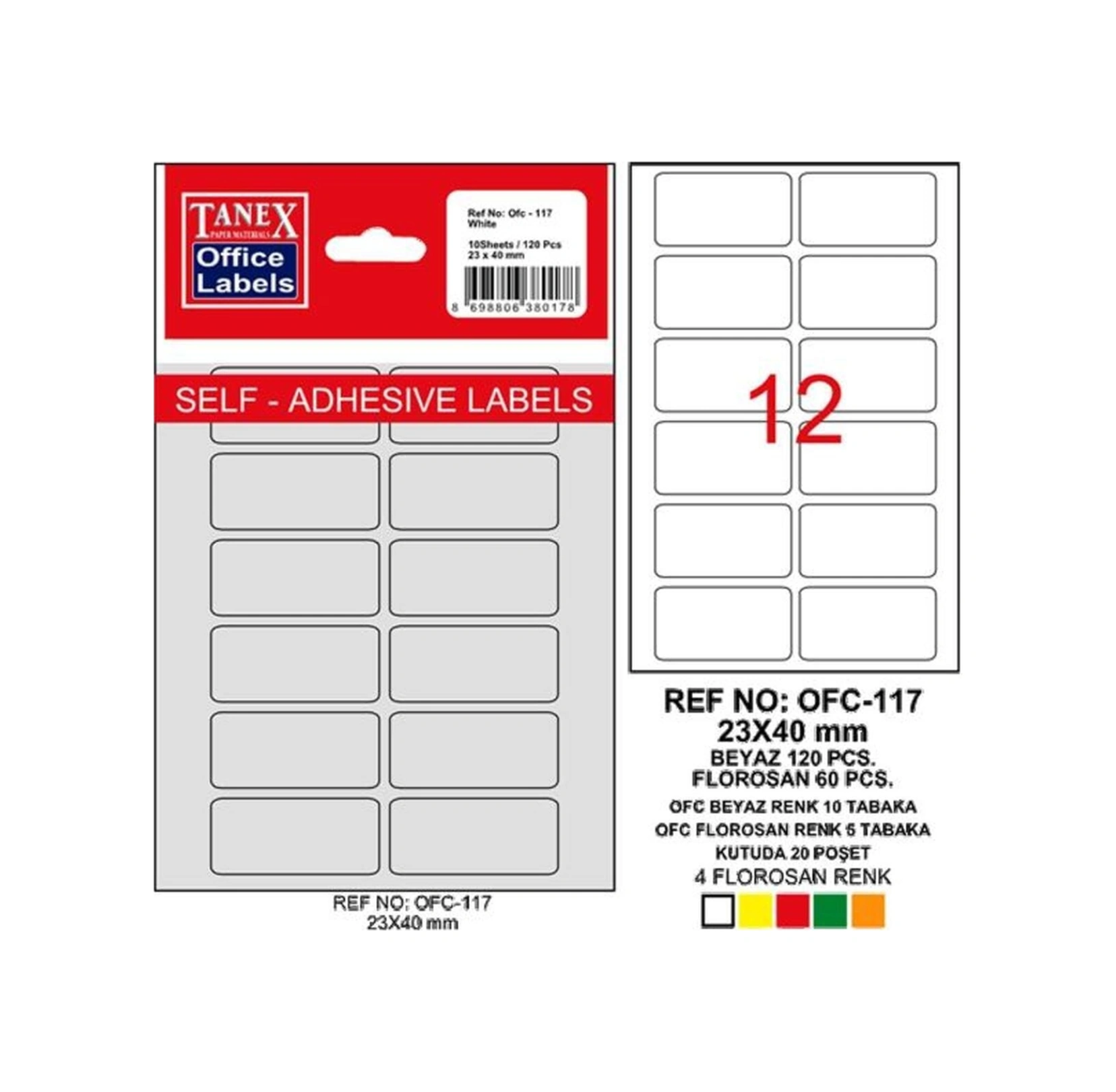 Tanex Ofis Etiketi Poşetli 23x40 Mm Beyaz Ofc-117 10 Lu Paket