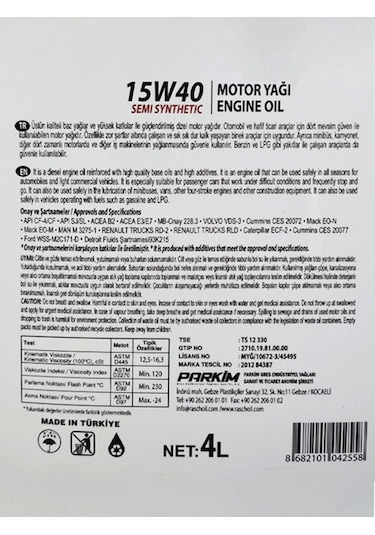 15w40 4lt Semi Synthetic Motor Yağı Engine Oil