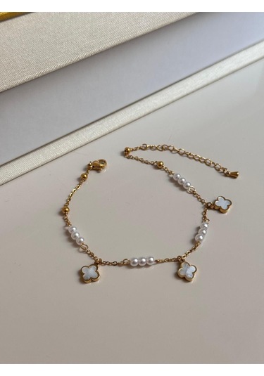 İnci Boncuklu Beyaz Çiçek Figürlü Altın Renk Kadın Halhal Altın