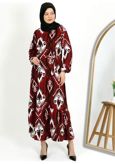 Desenli Bürümcük Elbise Bordo