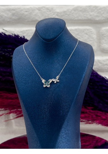 925 Ayar Gümüş Özel Tasarım Mineli Sıralı Kelebek Desenli Popüler Kadın Kolye Gümüş