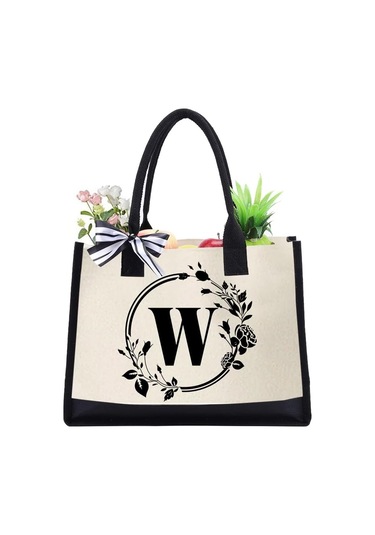 Tuval El Çantası Mektuplar Çiçek Taşınabilir Plaj Omuz Alışveriş Tote Çanta W A433 Siyah