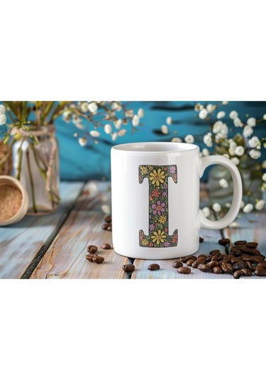 I Baş Harf Çiçek Desenleri İle Natural Tarz Kupa Bardak - Kişiye Özel Çiçekli Kahve Çay Bardak - Beyaz