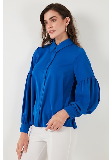 Lela Regular Fit Dikiş Detaylı Düz Yaka Balon Kol Bayan Gömlek 611Go00003 Saks